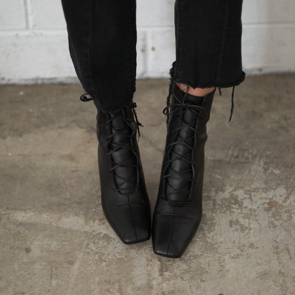 Lace-Up Square Toe Ankle Boots - Black